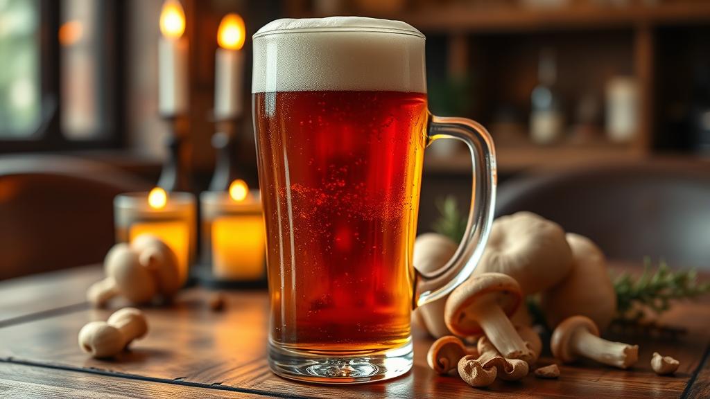 Pint glass of rich amber mushroom beer with creamy head, surrounded by fresh mushrooms and brewing notes