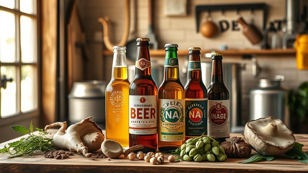 Functional alcohol-free homebrewing station with ashwagandha, hops, and NA beer bottles
