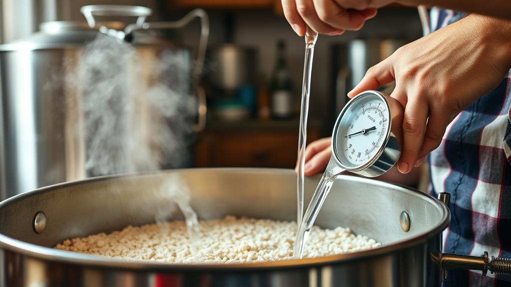 Homebrewer performing hot mash technique with thermometer and crushed malt