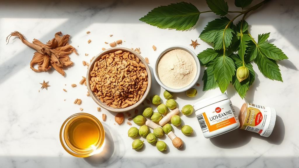 Overhead flat lay of adaptogens: ashwagandha root, lion's mane mushroom, hops, L-theanine