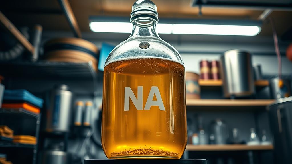 Glass carboy with golden NA beer fermenting, airlock visible, homebrewing garage