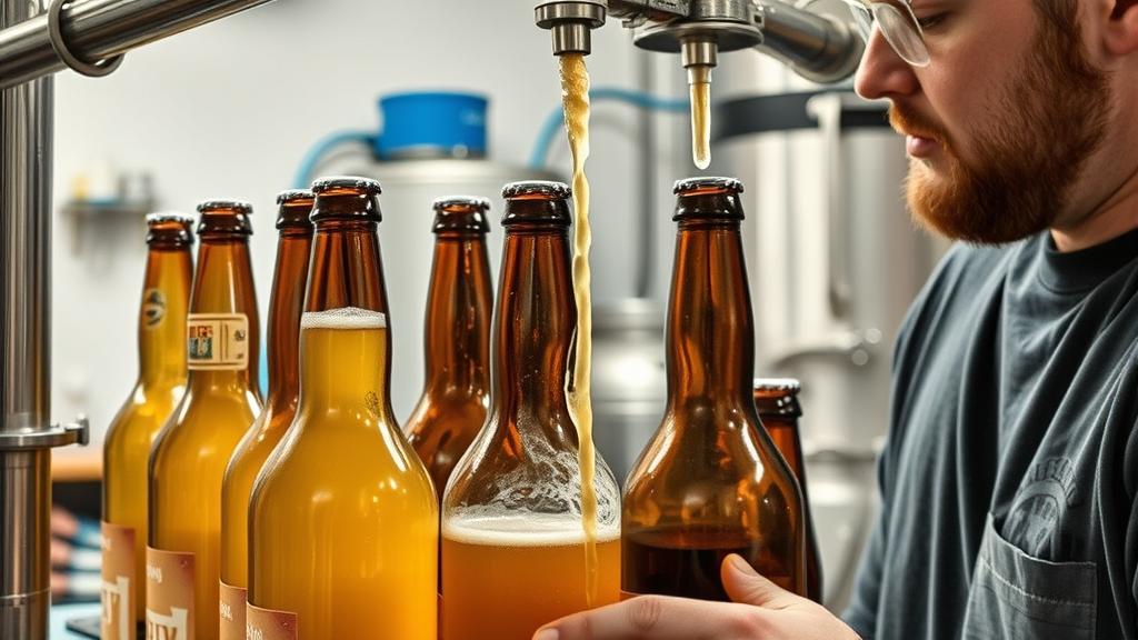 Homebrewer bottling non-alcoholic beer at a bottling station, clear beer flowing into bottles, caps and capper visible