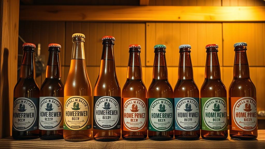 A dozen homebrewed non-alcoholic beer bottles arranged on a wooden shelf with custom labels, golden and amber liquid visible through glass, warm brewery lighting