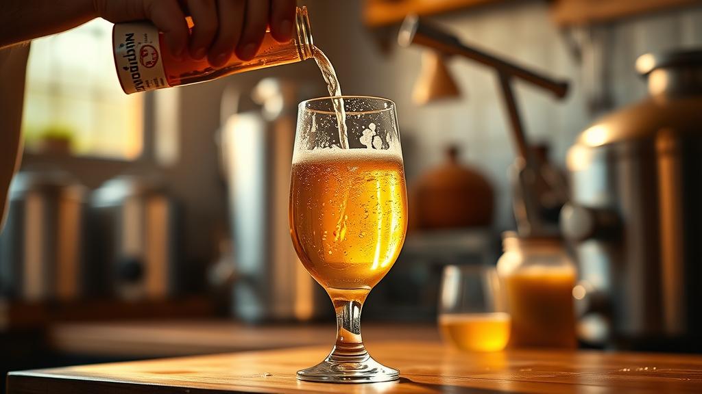 Non-alcoholic beer being poured into a tulip glass, showing clarity and golden colour