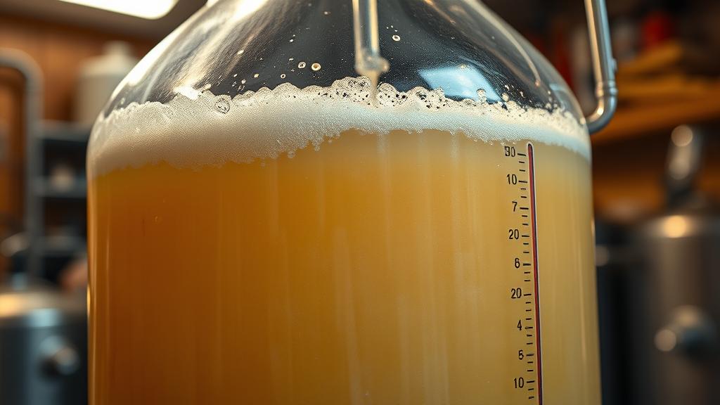 Glass carboy fermenter with visible active fermentation, foam bubbles, airlock bubbling, temperature strip on side, garage setting