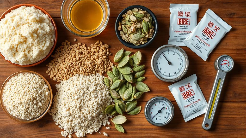 Brewing ingredients laid out: pale malt, specialty grains, noble hops, yeast packets, hydrometer, thermometer on wooden table