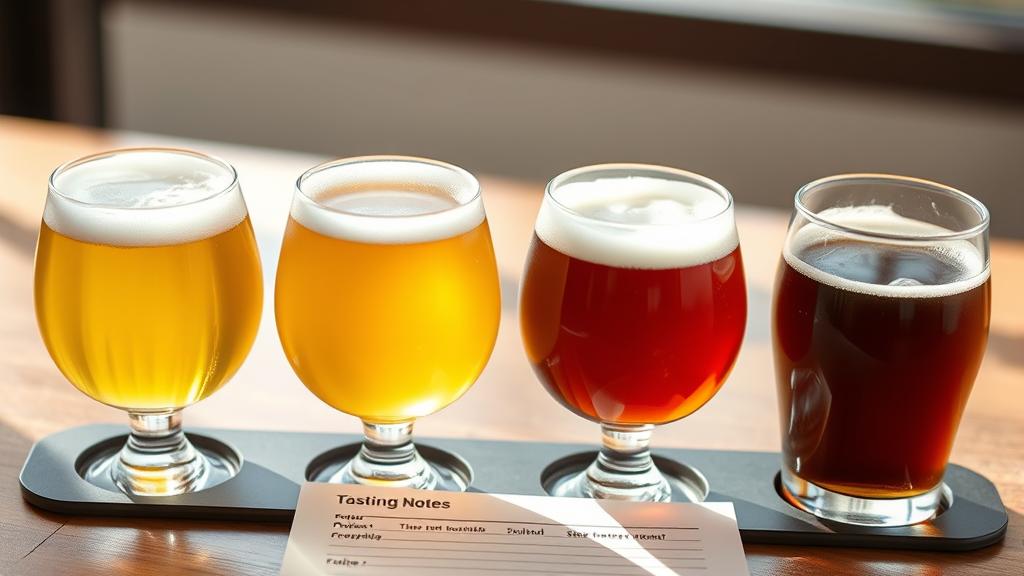 Beer tasting flight with four different non-alcoholic beer styles in different glasses: pale gold, amber, dark brown, showing colour variation, tasting notes pad nearby