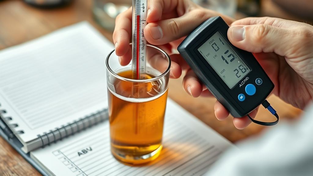 Homebrewer using hydrometer and alcohol meter to test gravity and ABV of non-alcoholic beer sample, measurement notebook visible