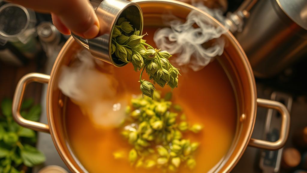 Olicana hops being added to a steaming copper brewing kettle