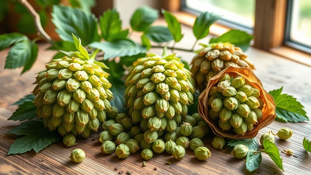 Flat lay of British hop varieties including Olicana, Harlequin, and Godiva