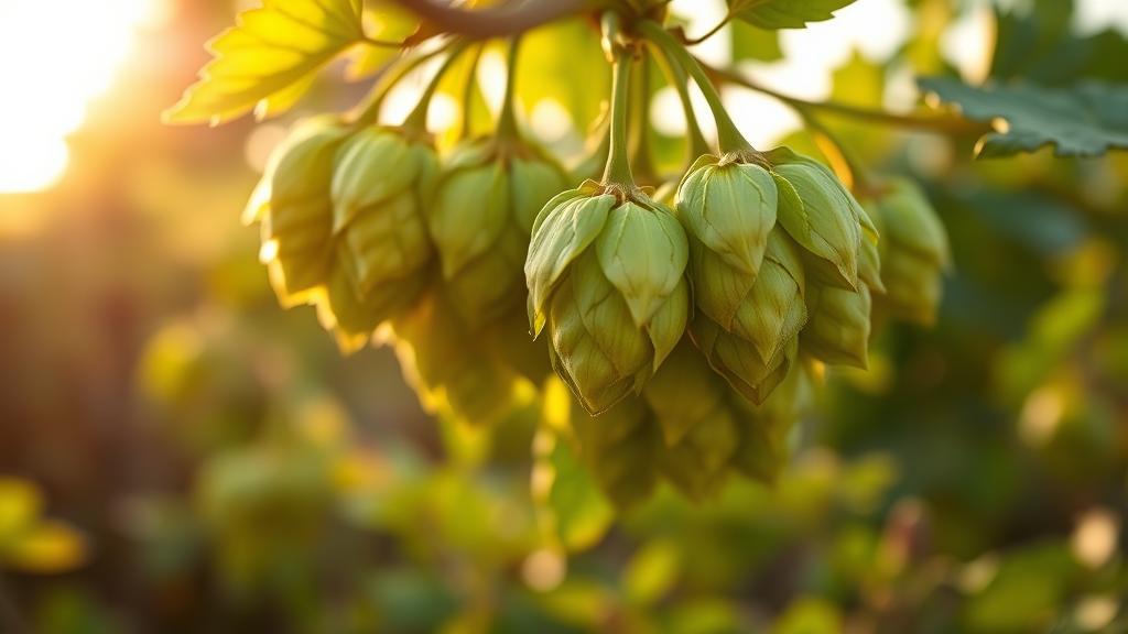 Fresh green Olicana hop cones from British hop field