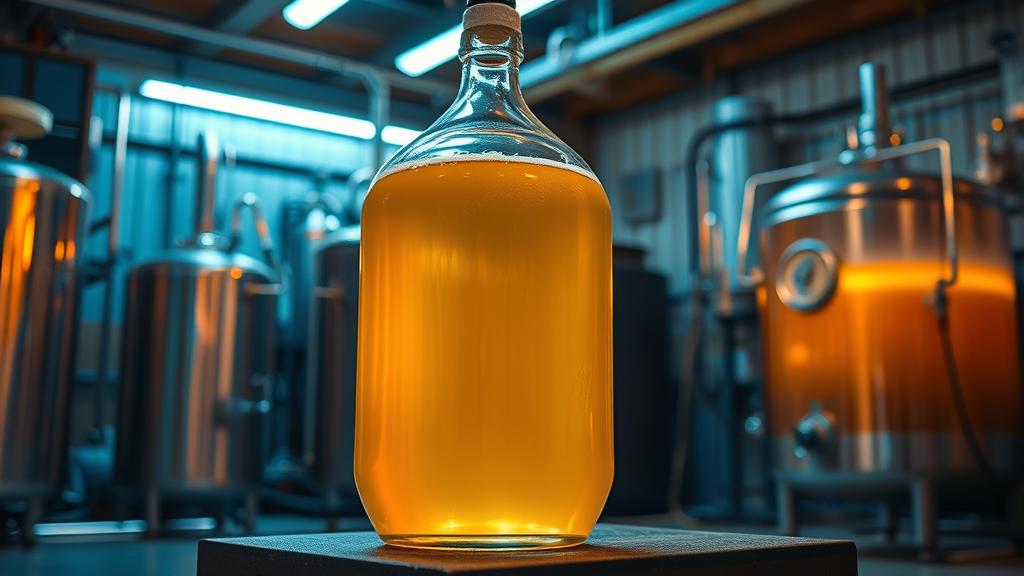 Glass carboy filled with golden pilsner fermenting in a cold garage brewery setup