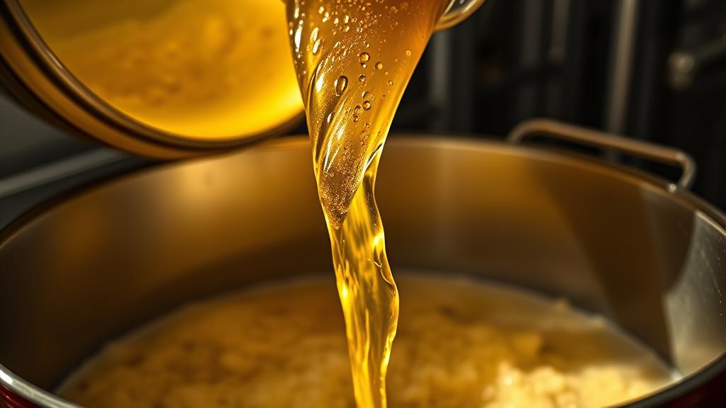 Golden clear wort running from lautering vessel, showing perfect clarity in pilsner brewing