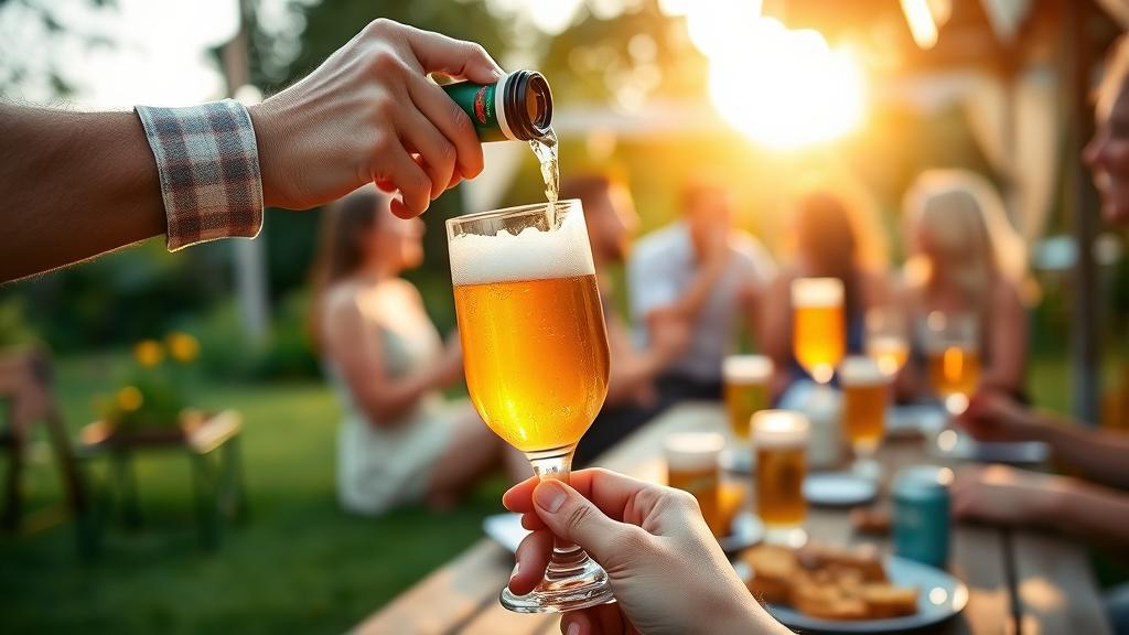 Hands pouring a golden sessionable ale into a pint glass, garden setting, friends in soft-focus background