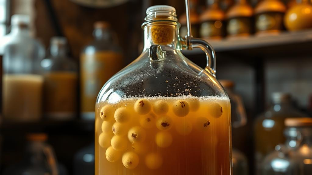 Glass carboy actively fermenting with suspended quince particles and airlock