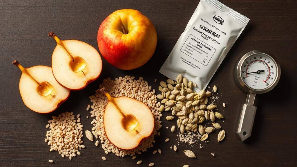 Homebrewing ingredients including quince fruit, pale malt, hops, and yeast on dark wooden table