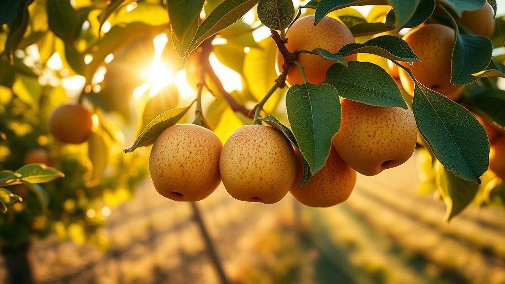 Golden quince fruit hanging in English orchard with warm autumn sunlight