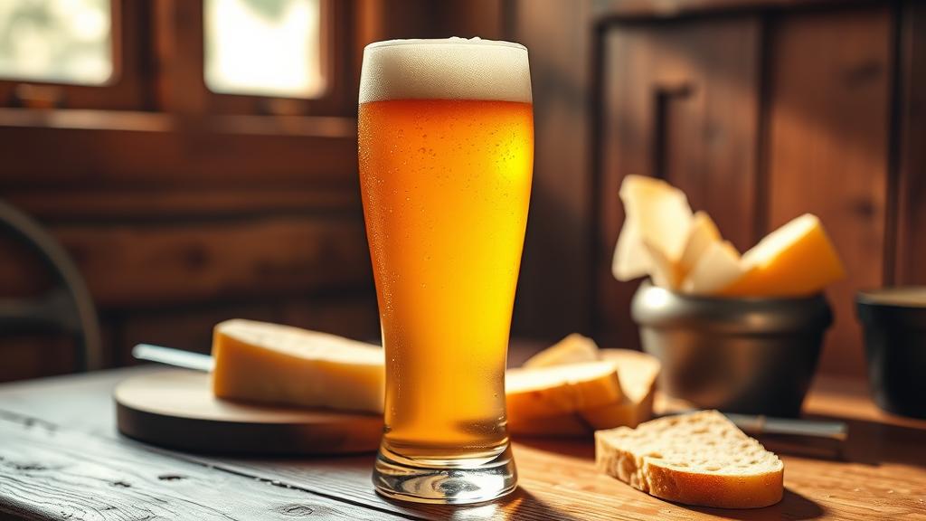 Golden-amber quince ale in pint glass with perfect head, held to sunlight
