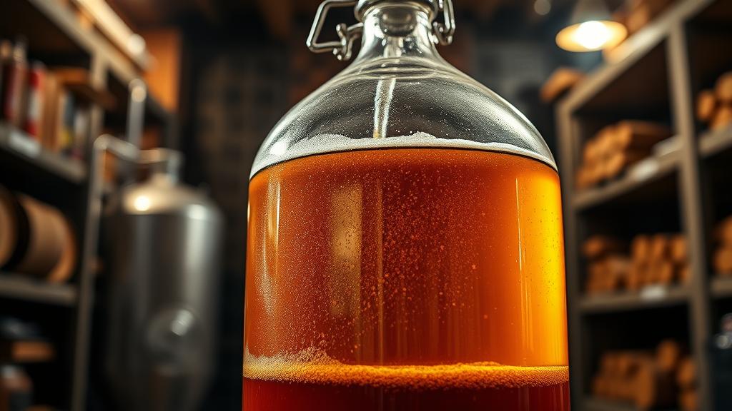 Glass carboy with amber-coloured rauchbier fermenting, yeast sediment at bottom, airlock bubbling, basement brewery