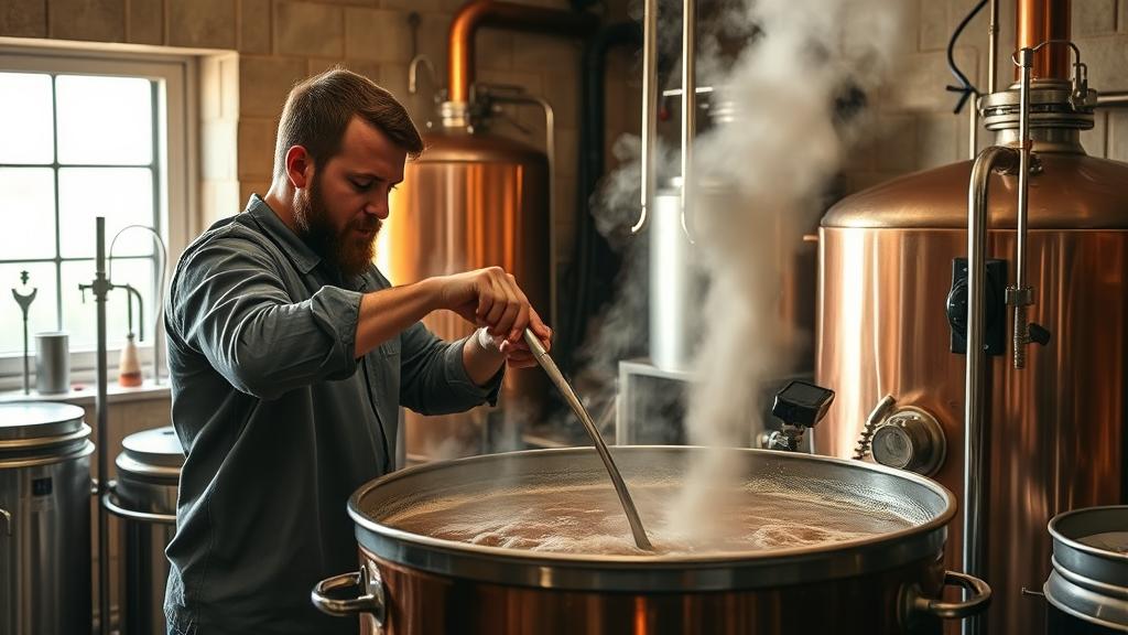 Copper brewing kettle with smoked malt wort during brew day