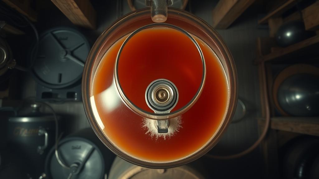 Carboy fermenter with amber smoked beer in cellar