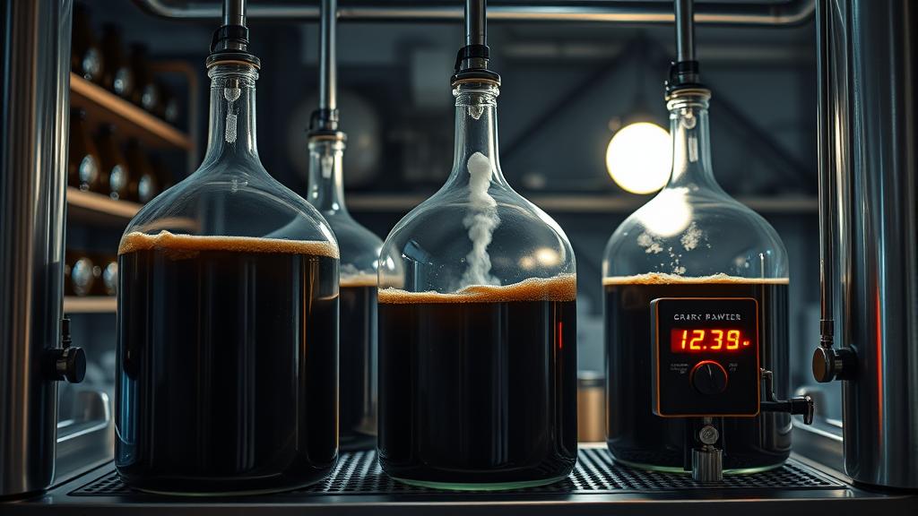 Fermentation chamber with glass carboys containing dark smoked beer