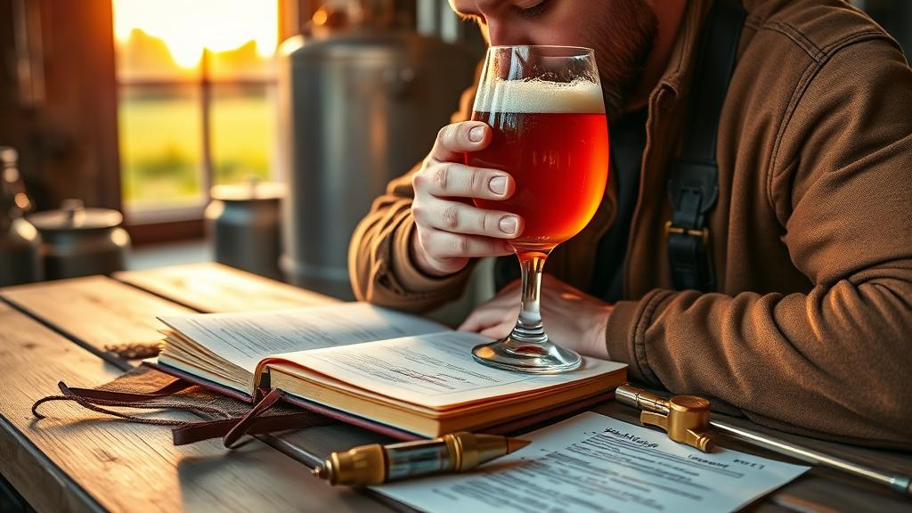 Homebrewer tasting rauchbier, taking notes in a leather brewing journal