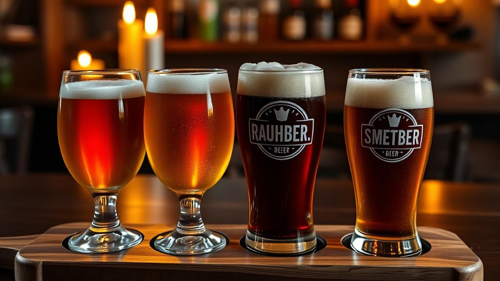 Three different rauchbier style variations in a flight: porter, imperial lager, wheat beer