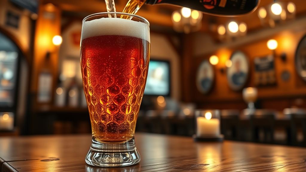 Golden amber rauchbier pouring into a dimpled German beer glass, showing the distinctive copper-amber hue and foam head
