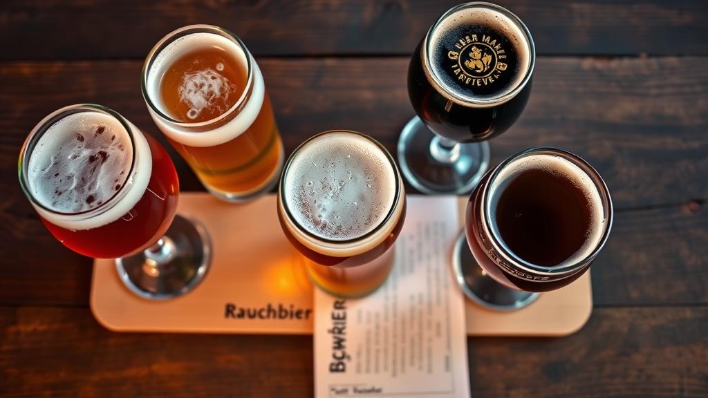 Rauchbier beer flight with four different smoked beer varieties in tasting glasses, brewing notes beside them, dark wooden table