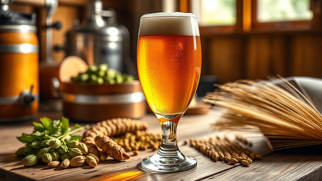 Golden belgian saison beer in tulip glass with hops and grain