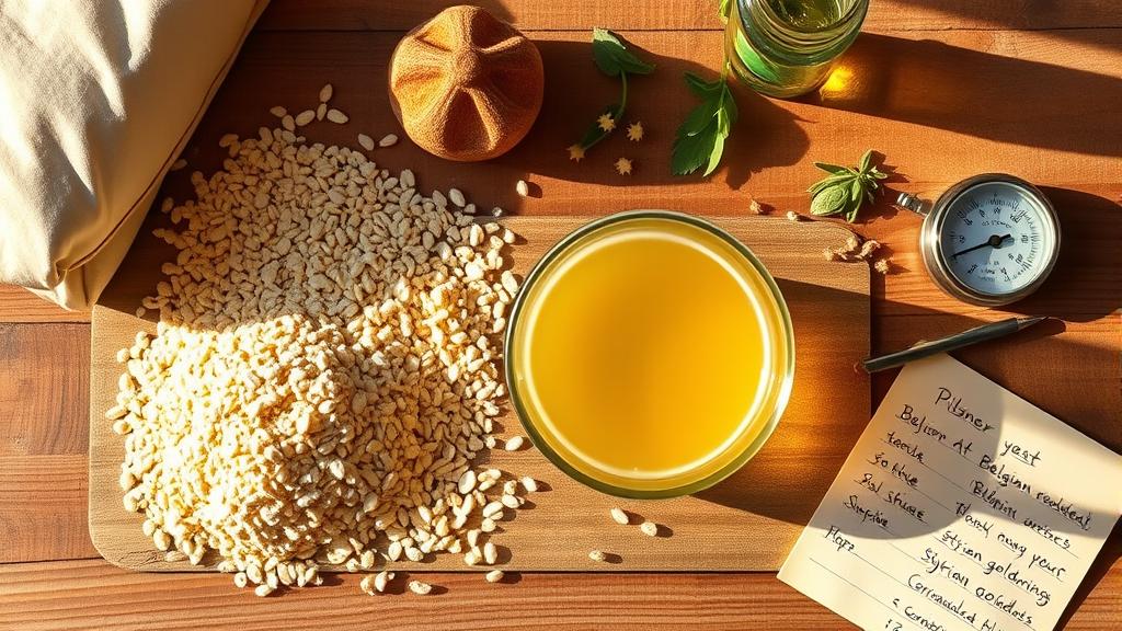 Saison brewing ingredients: pale malt, Styrian Goldings hops, white pepper, coriander