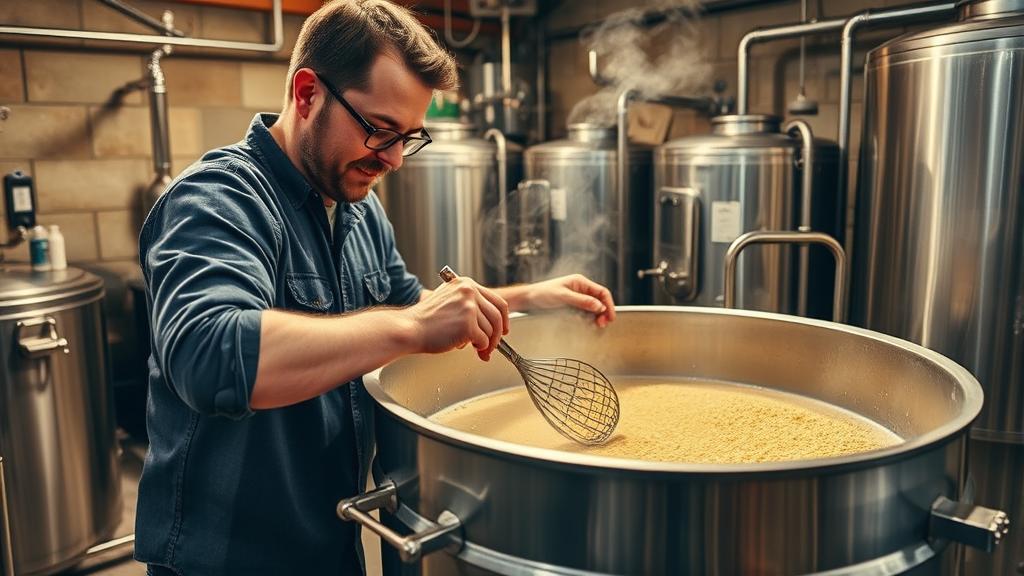 Homebrewer stirring saison mash with golden grain visible