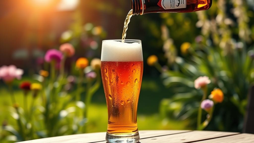 Golden session IPA poured into pint glass in British summer garden