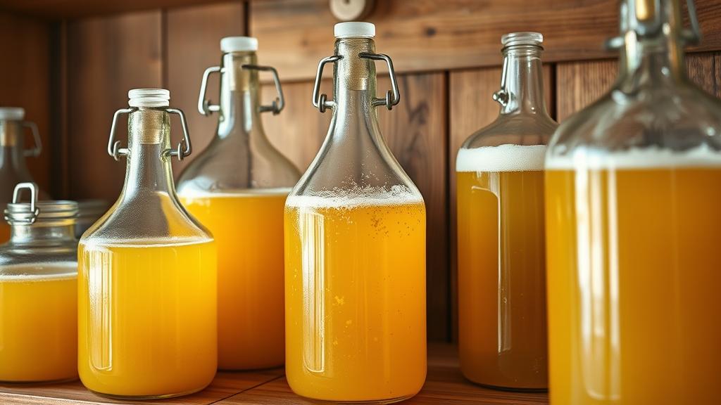 Homebrewing setup with glass carboys fermenting bright golden sour beer, wild cultures visible