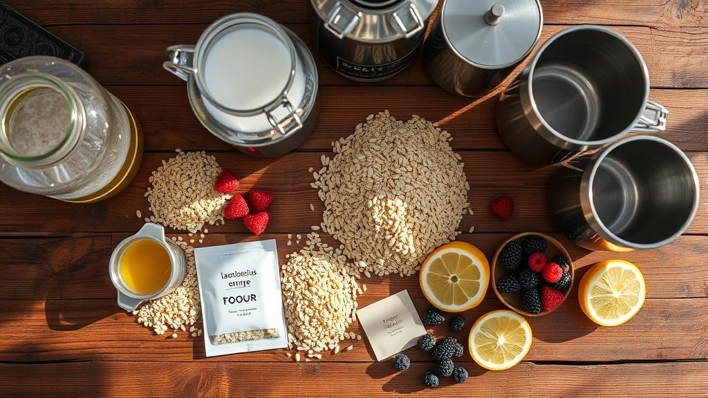 Overhead shot of sour beer ingredients: pale malt, lactobacillus culture, wild yeast packets, fresh berries, lemon slices