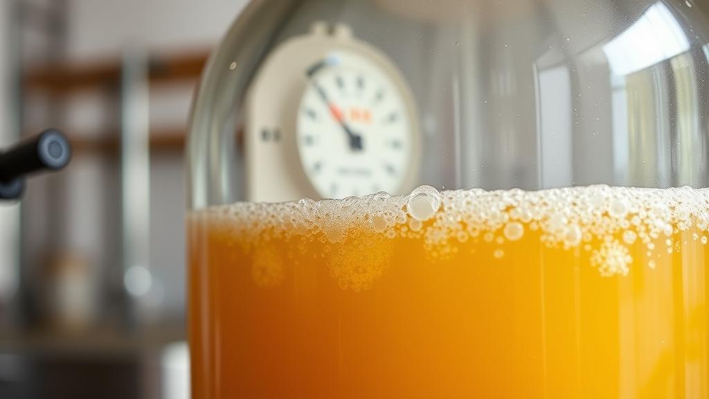 Glass carboy during active fermentation with bubbles rising, airlock visible, home garage brewery