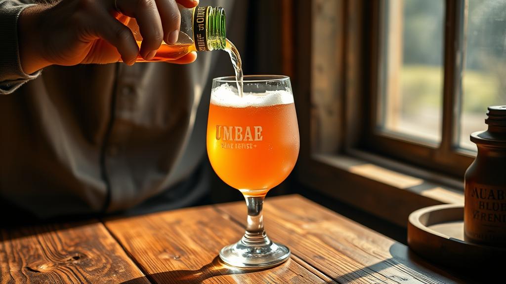 Pouring golden-pink sour beer into glass, head forming, held against natural light