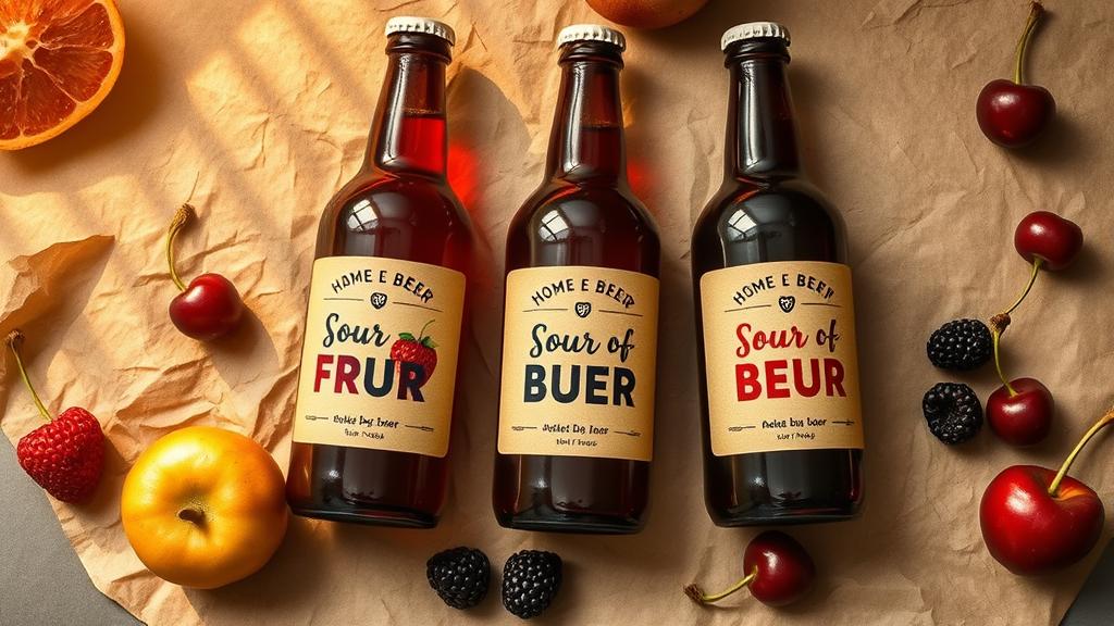 Three finished sour beer bottles with handmade labels, raspberry blackberry cherry varieties, fresh fruit scattered