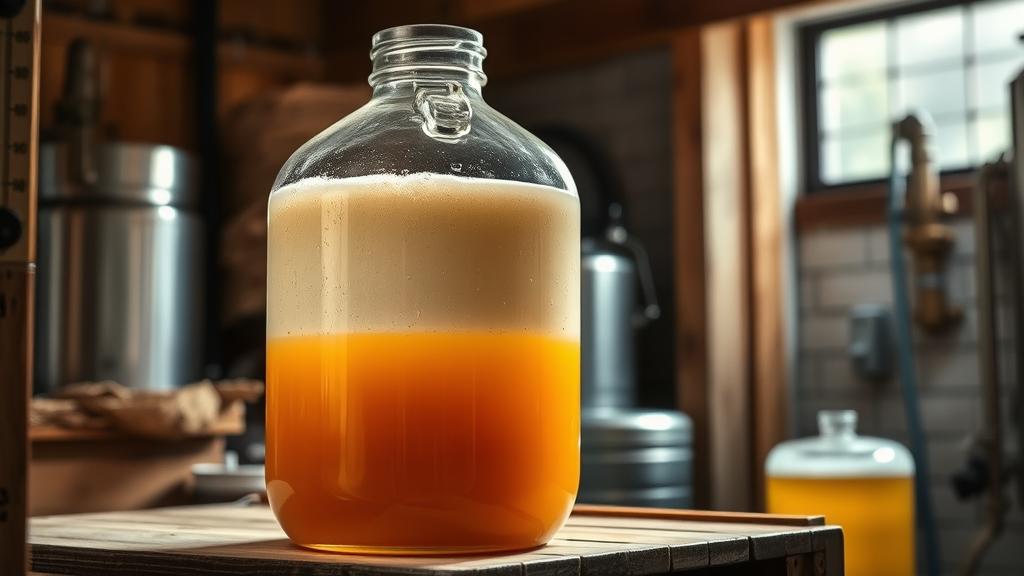 Glass carboy fermenter with pale yellow liquid during lactobacillus souring, sitting on a homebrewery shelf