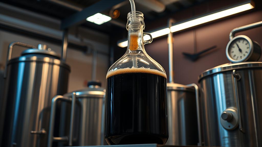 Dark stout fermenting in glass carboy with active airlock bubbling, professional homebrewing setup