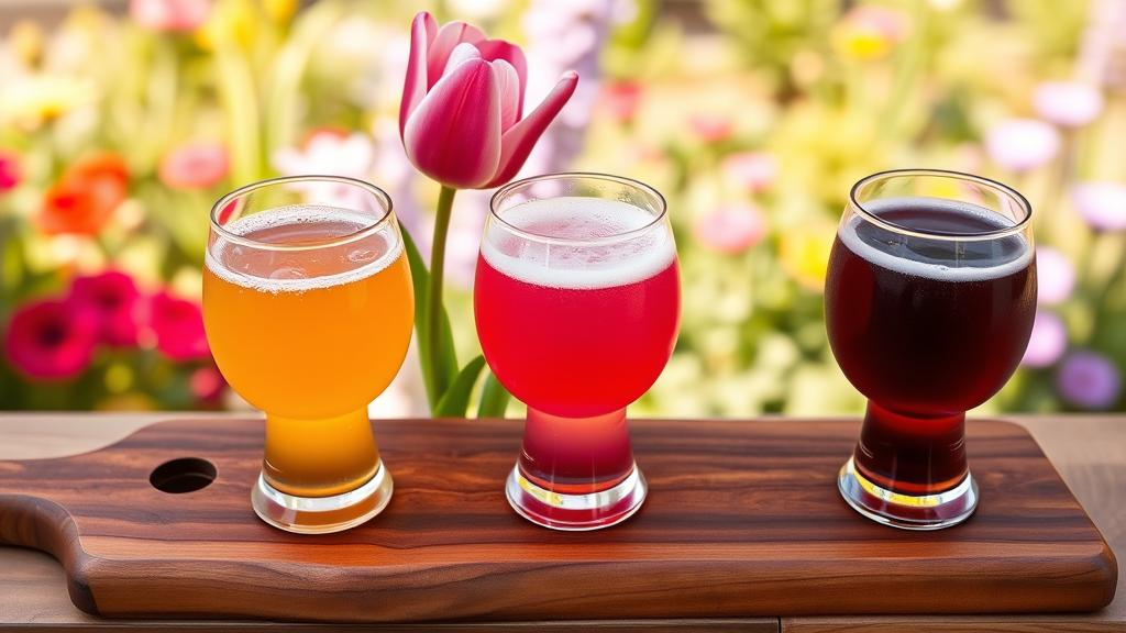 Tasting flight of three fruited session sours in different colours—pale gold, bright pink, deep purple—on a wooden tasting board