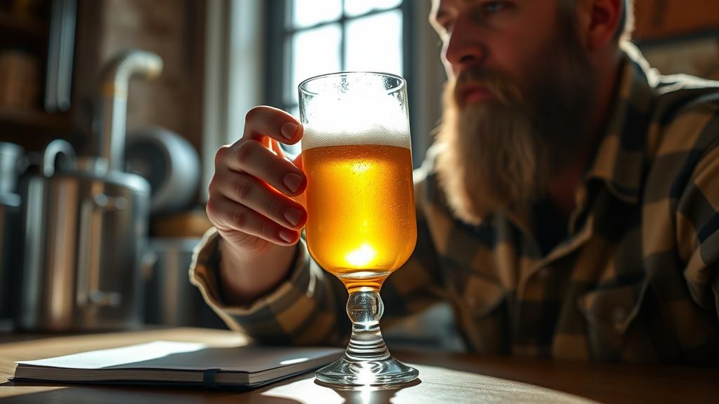 Homebrewer holding alcohol-free lager to light for clarity evaluation with tasting notes notebook