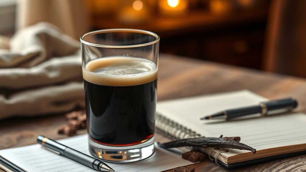 Glass of finished dessert stout with tasting notes and vanilla bean in the frame