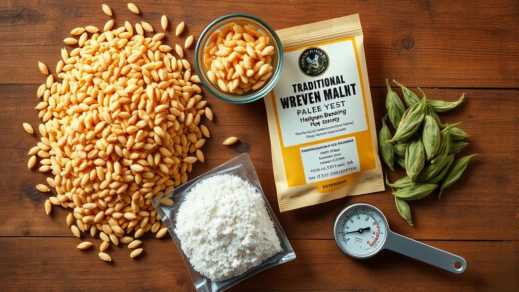 Overhead view of wheat malt, hops, yeast packet, and hydrometer on wooden table
