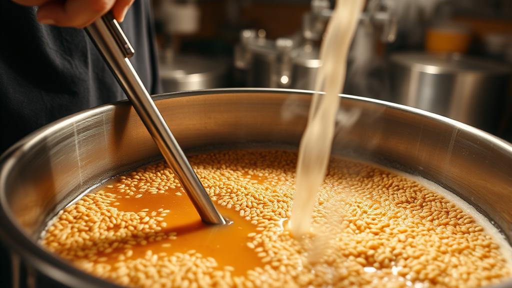 Close-up of mash stirring in stainless steel kettle with golden grain particles