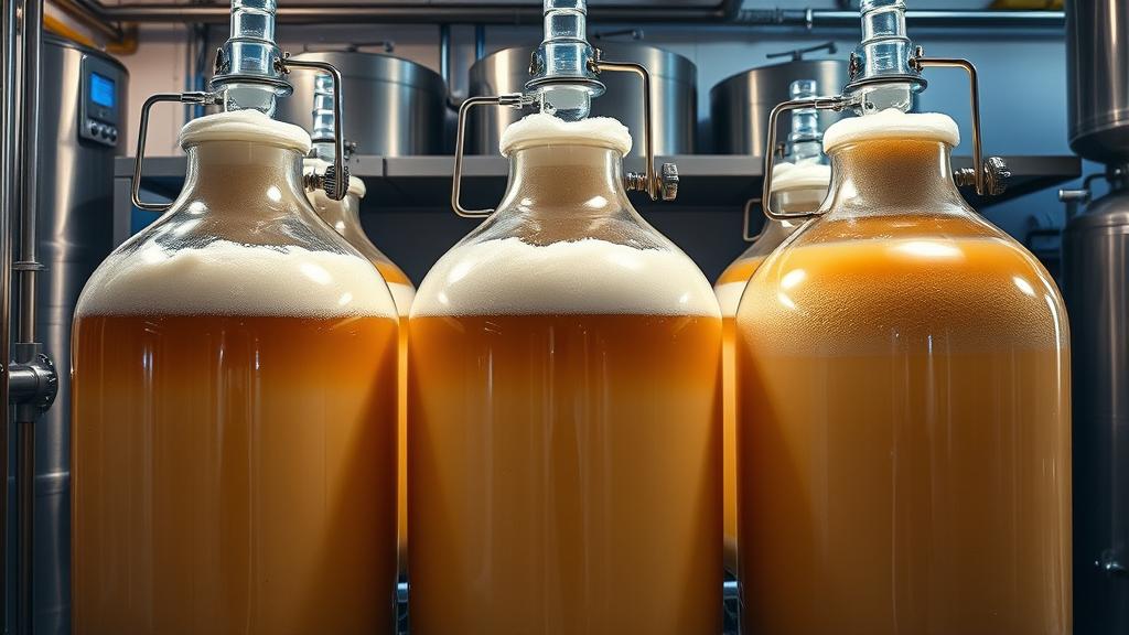 Glass carboys fermenting with thick yeast layers and krausen foam at top