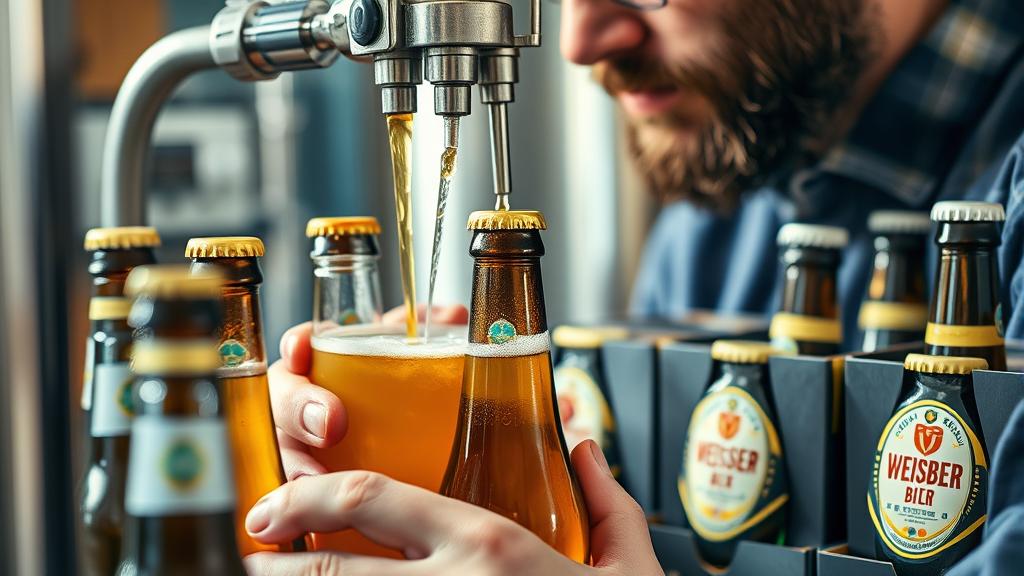 Homebrewer filling bottles with golden Weissbier using capping machine