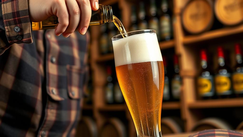 Perfect pour of golden Weissbier into traditional glass with creamy head, shelved bottles behind