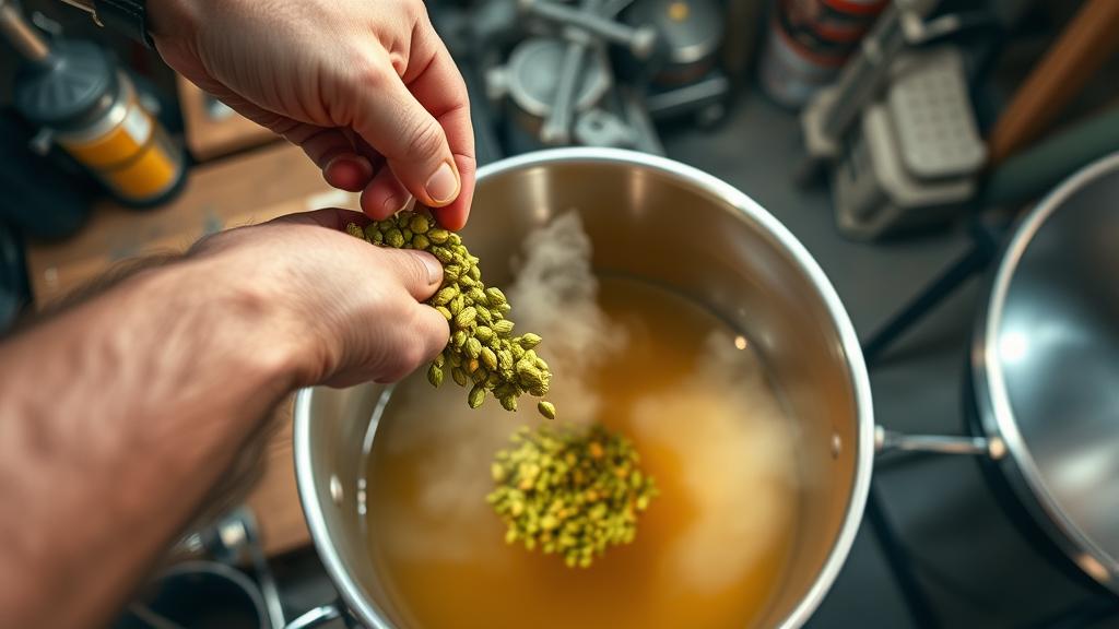 Adding bittering hops to boiling wort in brew kettle